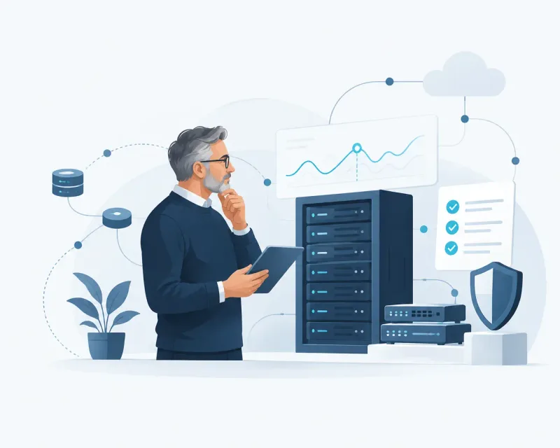 Consultant analysant une infrastructure informatique composée de serveurs, de réseaux et de systèmes sécurisés